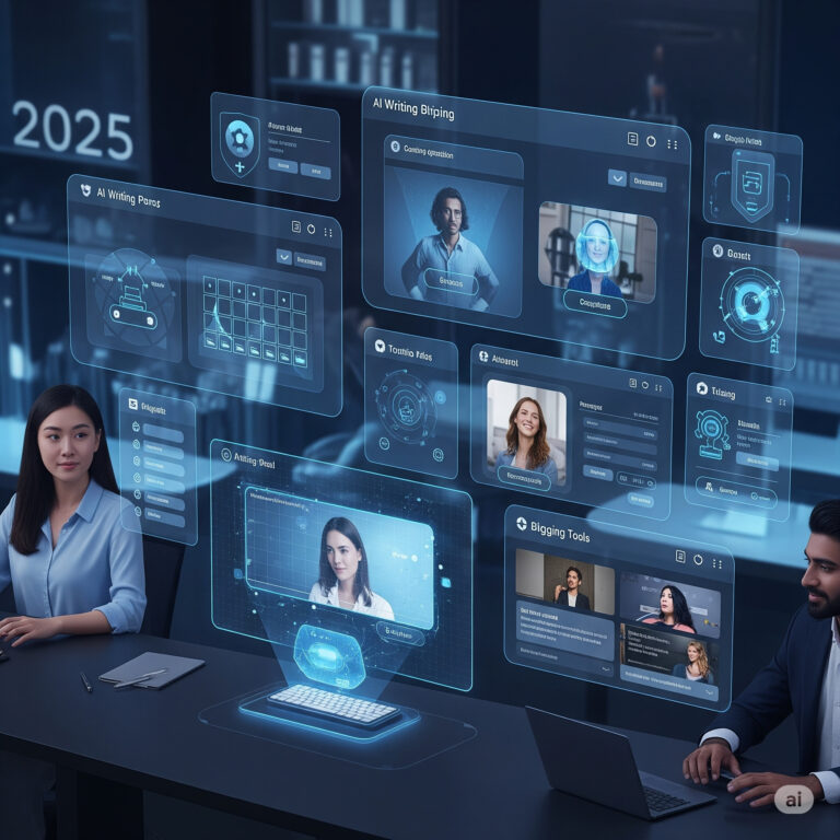 Futuristic workspace with individuals interacting with holographic AI writing and blogging interfaces.