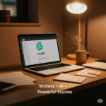 A cozy writer's workspace with a laptop displaying ChatGPT, surrounded by notes, a coffee mug, and soft lighting — showing how writers use ChatGPT effectively.