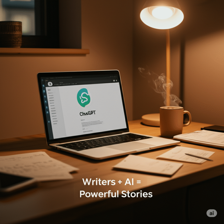 A cozy writer's workspace with a laptop displaying ChatGPT, surrounded by notes, a coffee mug, and soft lighting — showing how writers use ChatGPT effectively.