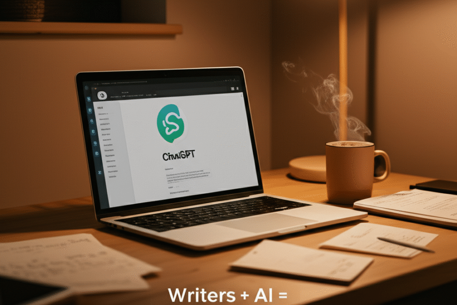 A cozy writer's workspace with a laptop displaying ChatGPT, surrounded by notes, a coffee mug, and soft lighting — showing how writers use ChatGPT effectively.