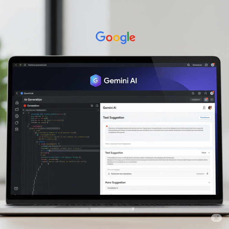 Gemini by Google AI model generating content and code on a laptop screen with Google interface.