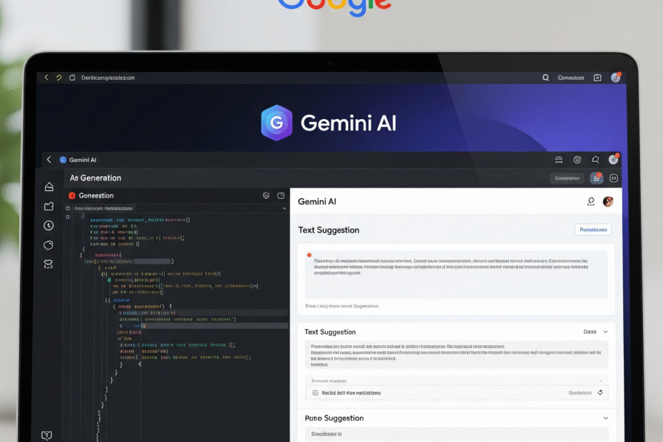 Gemini by Google AI model generating content and code on a laptop screen with Google interface.