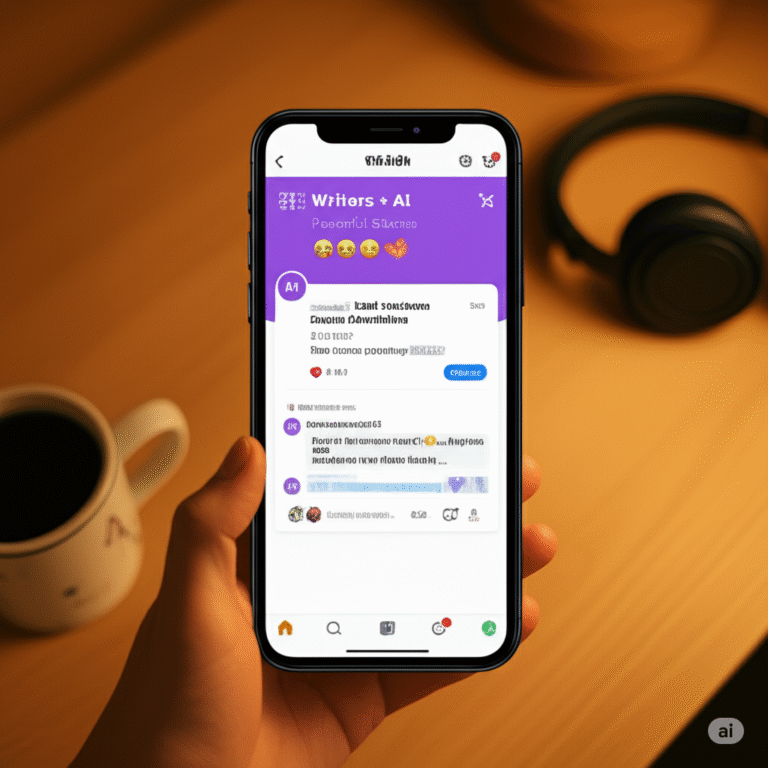 A smartphone displaying AI-generated caption suggestions for a social media post, helping creators write faster and stay consistent.