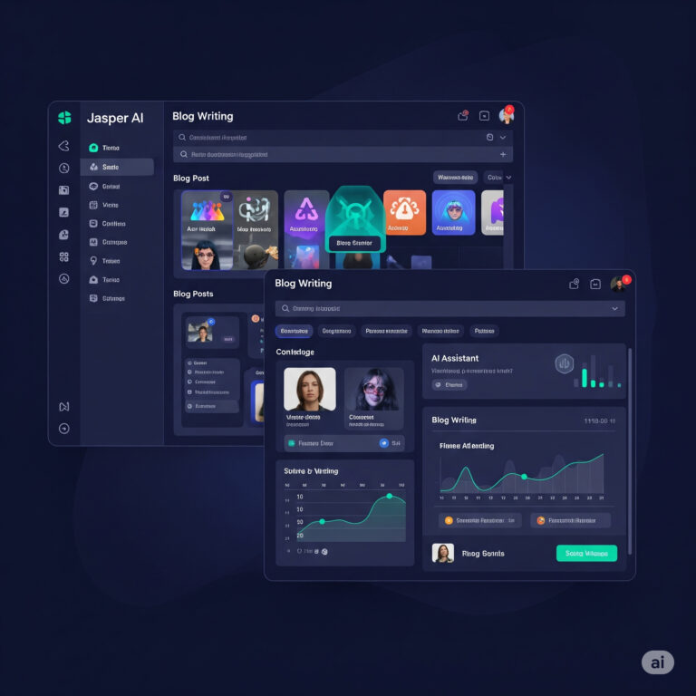 Futuristic Jasper AI dashboard showing blog writing features and AI assistant tools.